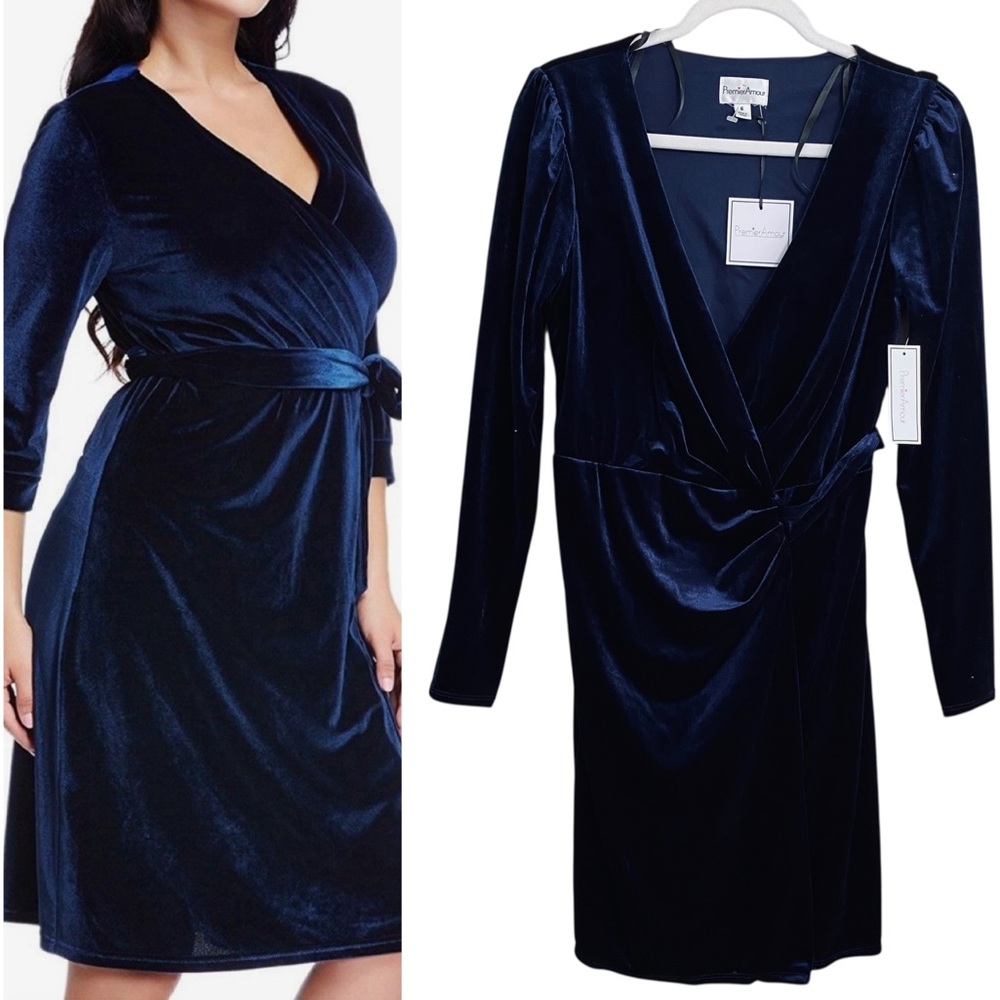 Premier Amour NWT Dark Navy True Wrap Long Sleeve Belted Dress Size 6